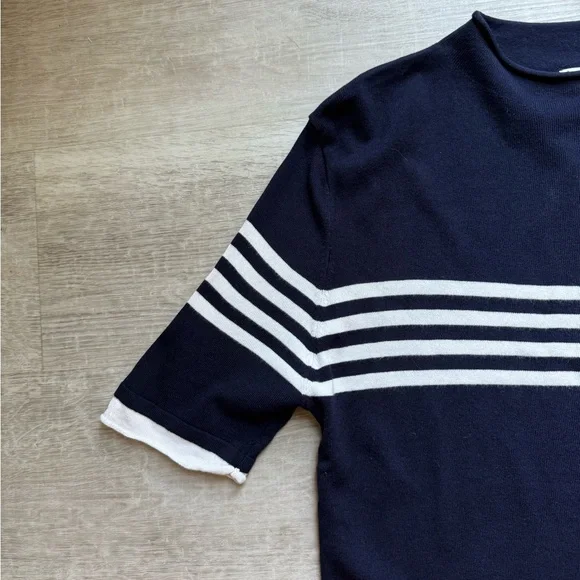 MNG Mango Striped Fine Knit Short Sleeves Top Size L Navy Blue And White - Picture 5 of 8